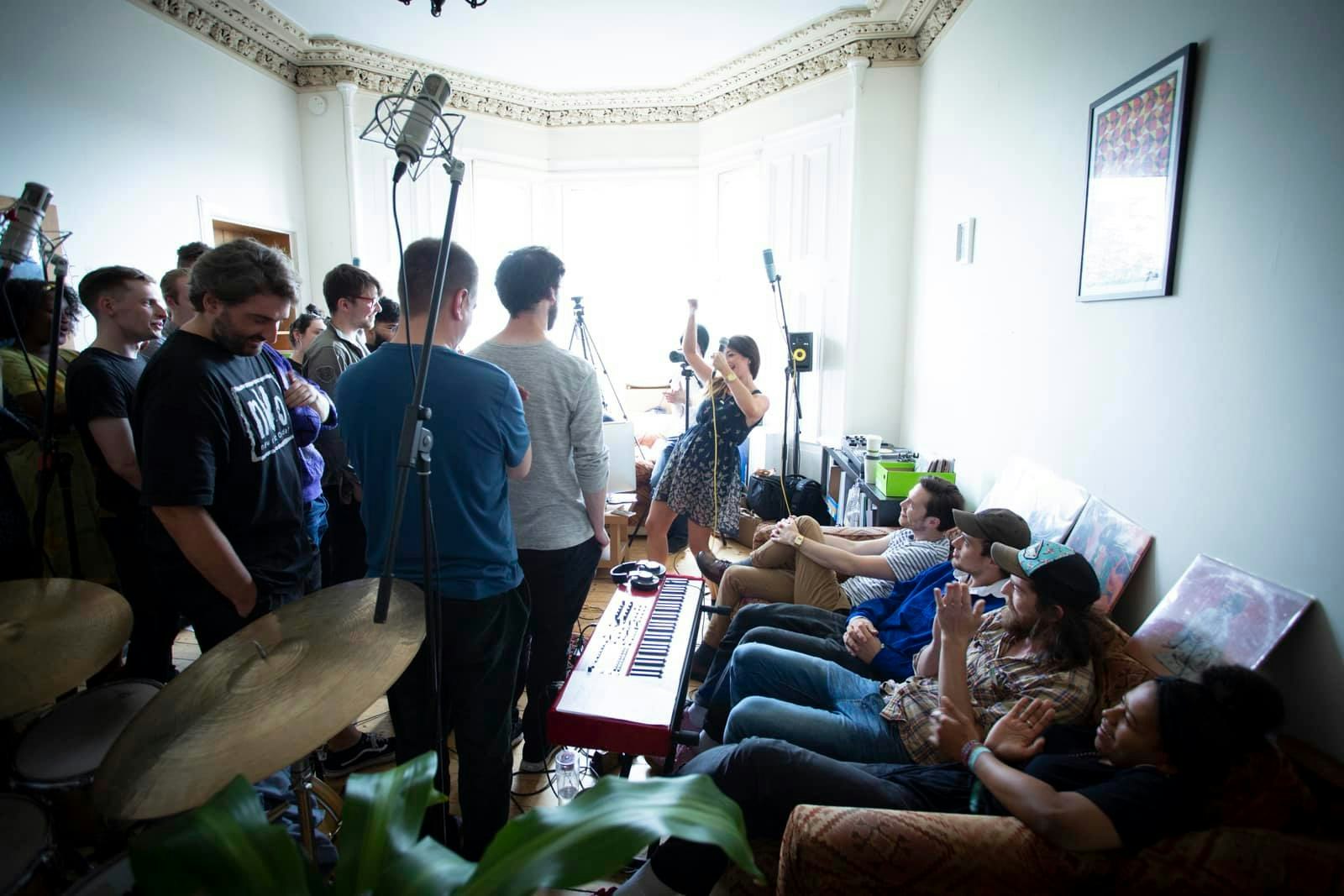Recording for the Scottish Jazz Special on Worldwide FM in Rebecca Vasmant’s flat, Glasgow. Photo by Harrison Reid.